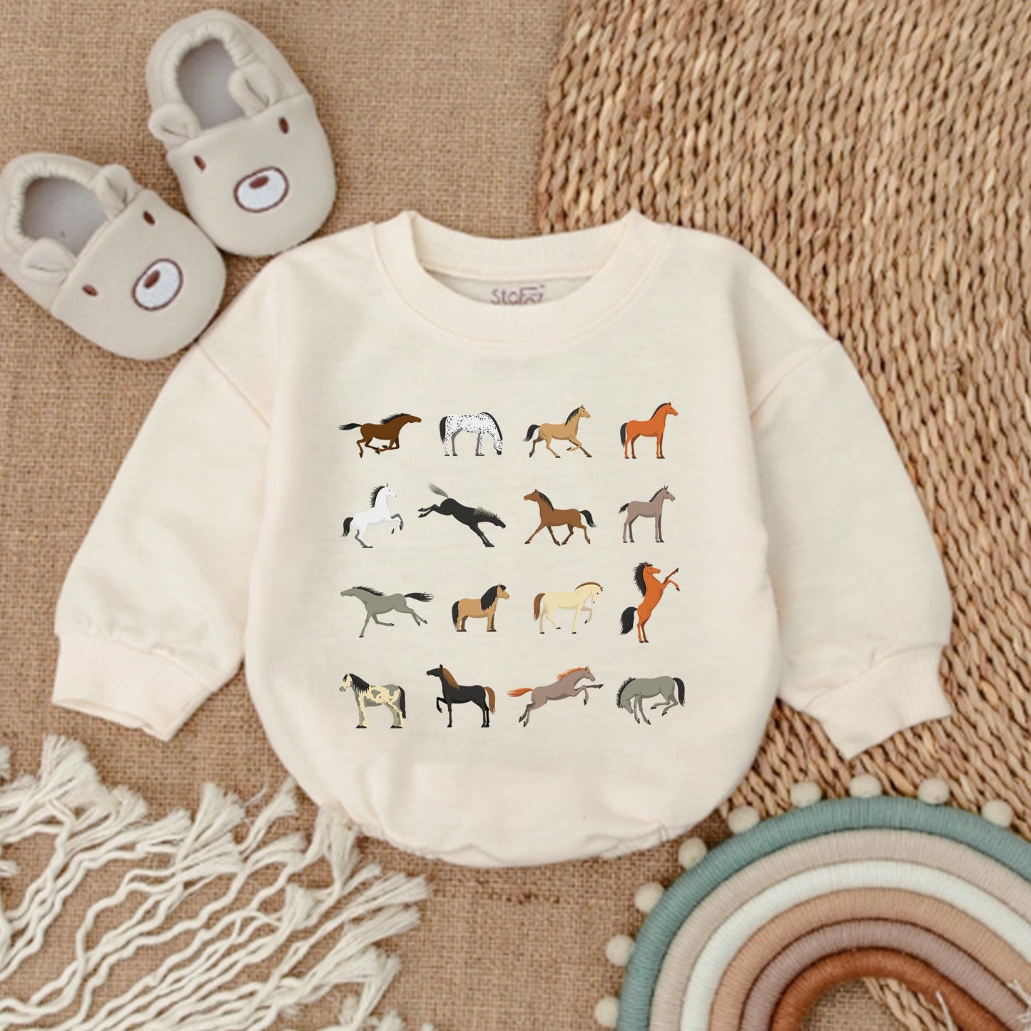 Cute Horse Farm Baby Romper Minimalist Country Bubble Bodysuit Newborn Infant Outfit Farm Animal Design Soft Cotton Comfortable Casual Gift