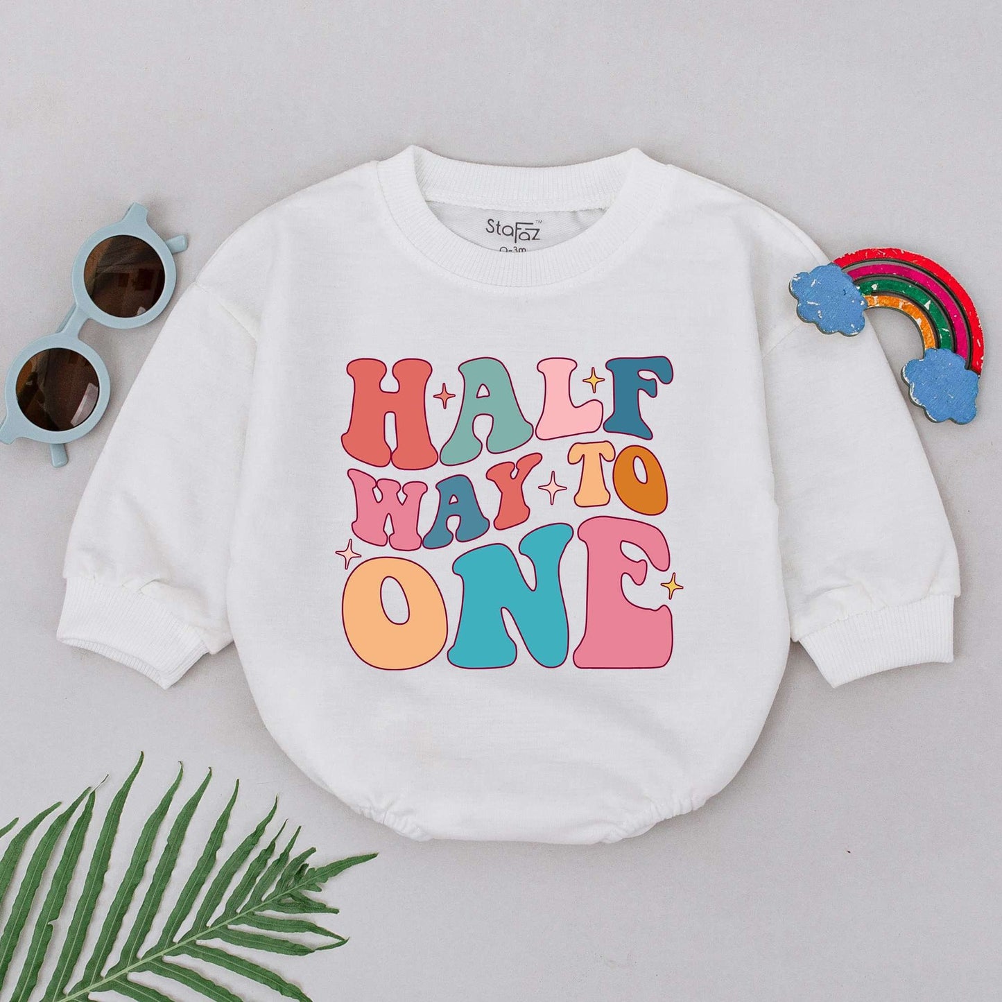 Half Way To One Romper Groovy Half Birthday Baby Girl Boy Outfit Retro Pastel Starburst Celebration Gift Soft Cotton Newborn Clothes