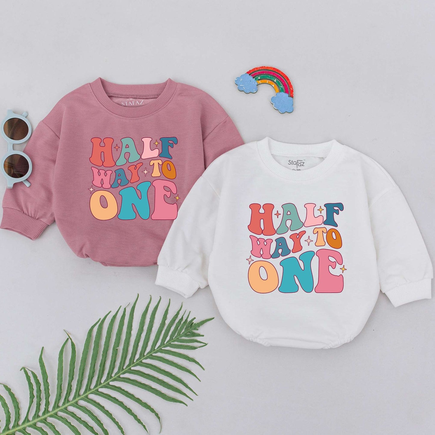 Half Way To One Romper Groovy Half Birthday Baby Girl Boy Outfit Retro Pastel Starburst Celebration Gift Soft Cotton Newborn Clothes