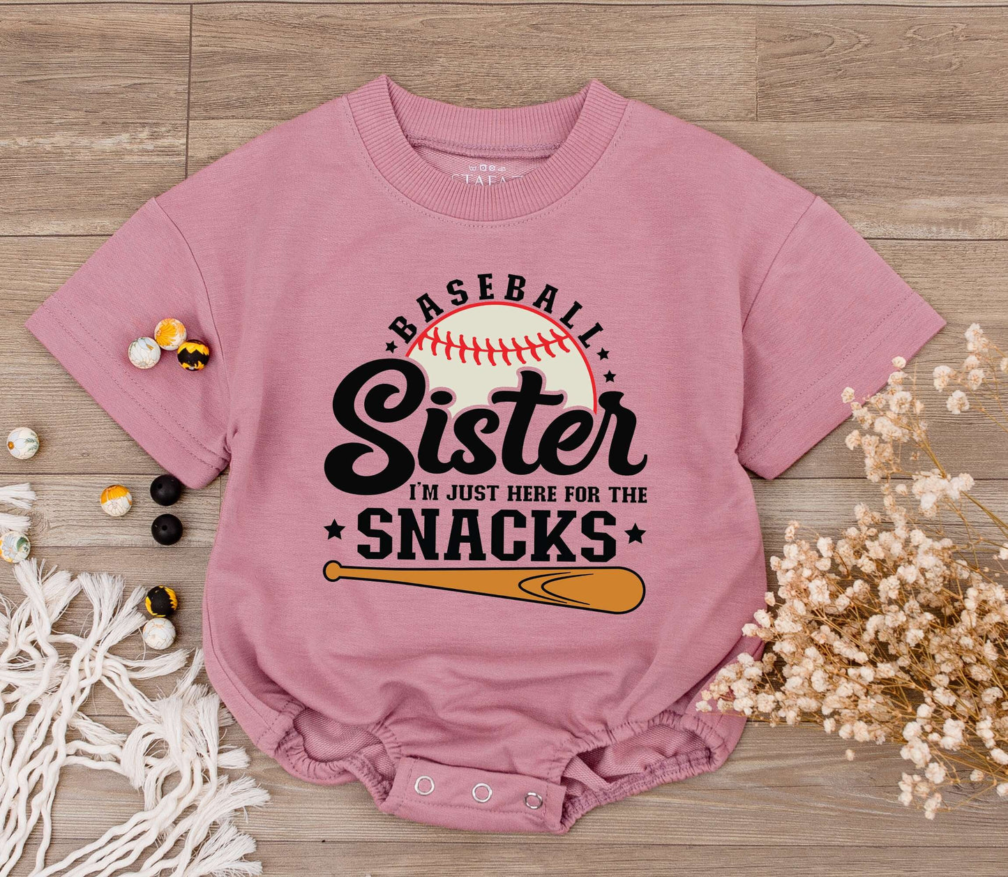 Baseball Sister Romper: I'm Just Here for the Snacks! Cute Baby Girl Game Day Outfit, Sporty Tee, Baseball Season Toddler Clothes (Black, White & Orange)