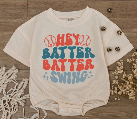 Hey Batter Batter Baby Romper Set Retro Baseball Outfit for Newborn Girl or Boy Cute Game Day Sport Jumpsuit First Birthday Outfit Gift Idea (137 chars)