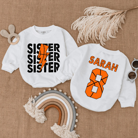 Custom Basketball Sister Romper Little Kid Basketball Sis Baby Bodysuit Brother Game Day Gift
