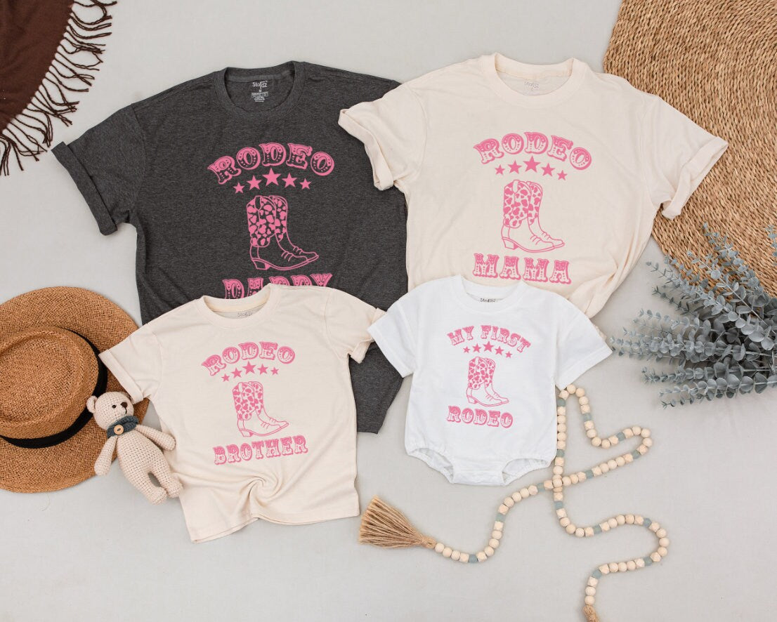 Pink Retro Western Rodeo Mama and Sister First Birthday Family Matching Shirts