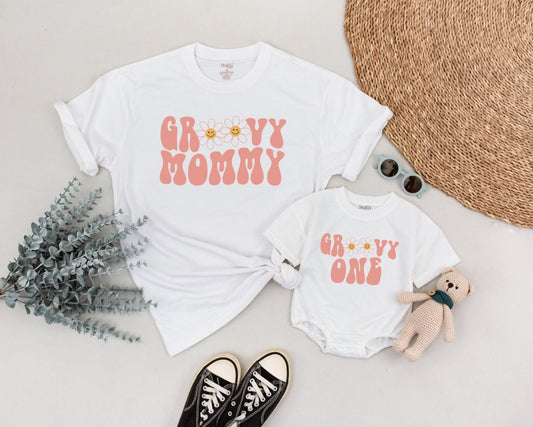Groovy One Family Birthday Shirts Retro Pink Daisy Design Mommy and Me 1st 2nd Birthday Tees