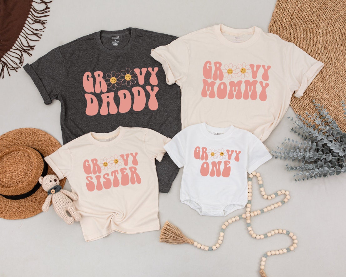 Groovy One Family Birthday Shirts Retro Pink Daisy Design Mommy and Me 1st 2nd Birthday Tees