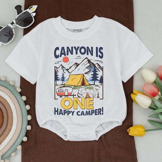 Personalized One Happy Camper Romper First Birthday Boy Outfit Vintage Camping Bears Navy Blue Yellow Red Adventure Baby Bodysuit Summer Gift