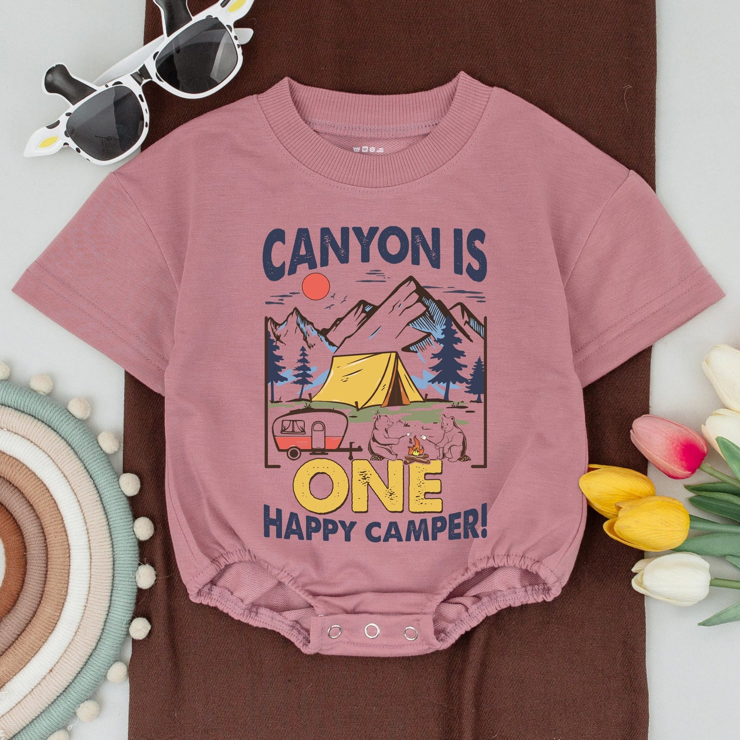 Personalized One Happy Camper Romper First Birthday Boy Outfit Vintage Camping Bears Navy Blue Yellow Red Adventure Baby Bodysuit Summer Gift