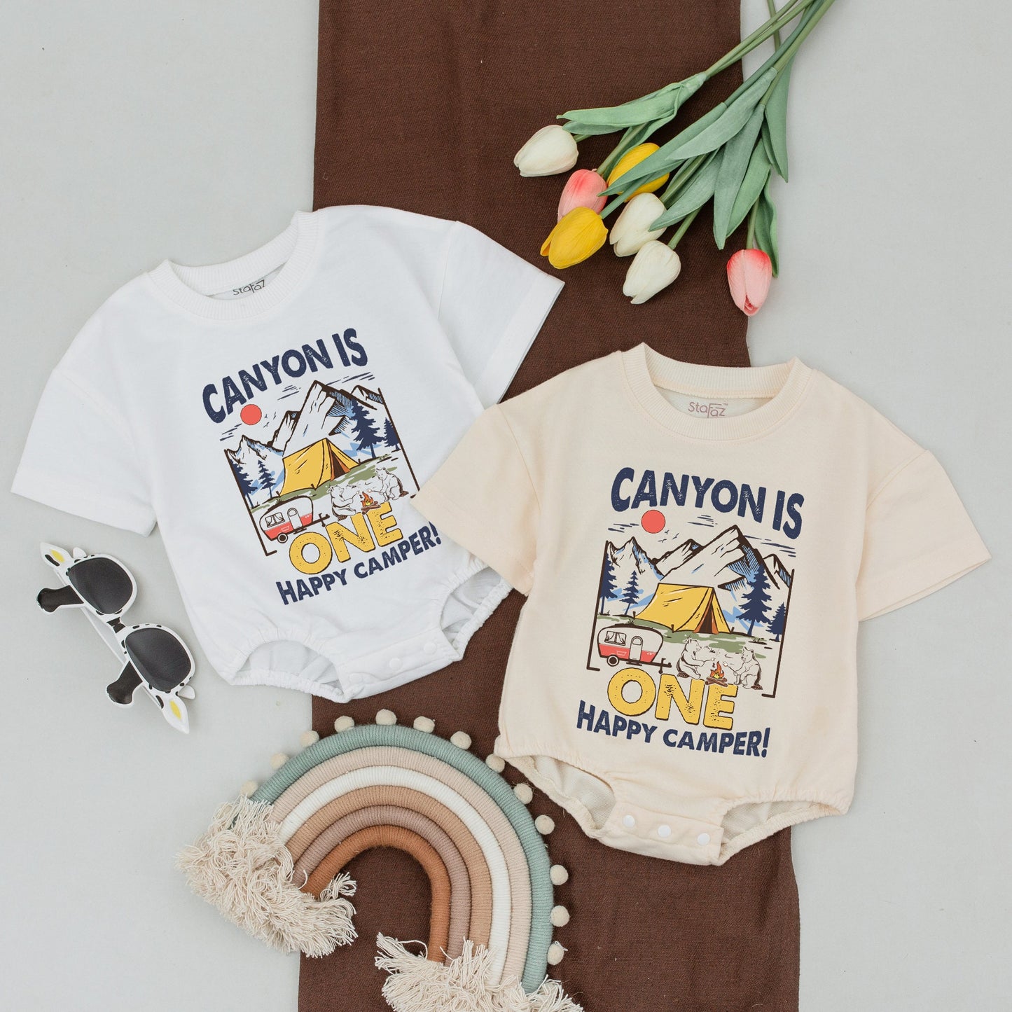 Personalized One Happy Camper Romper First Birthday Boy Outfit Vintage Camping Bears Navy Blue Yellow Red Adventure Baby Bodysuit Summer Gift