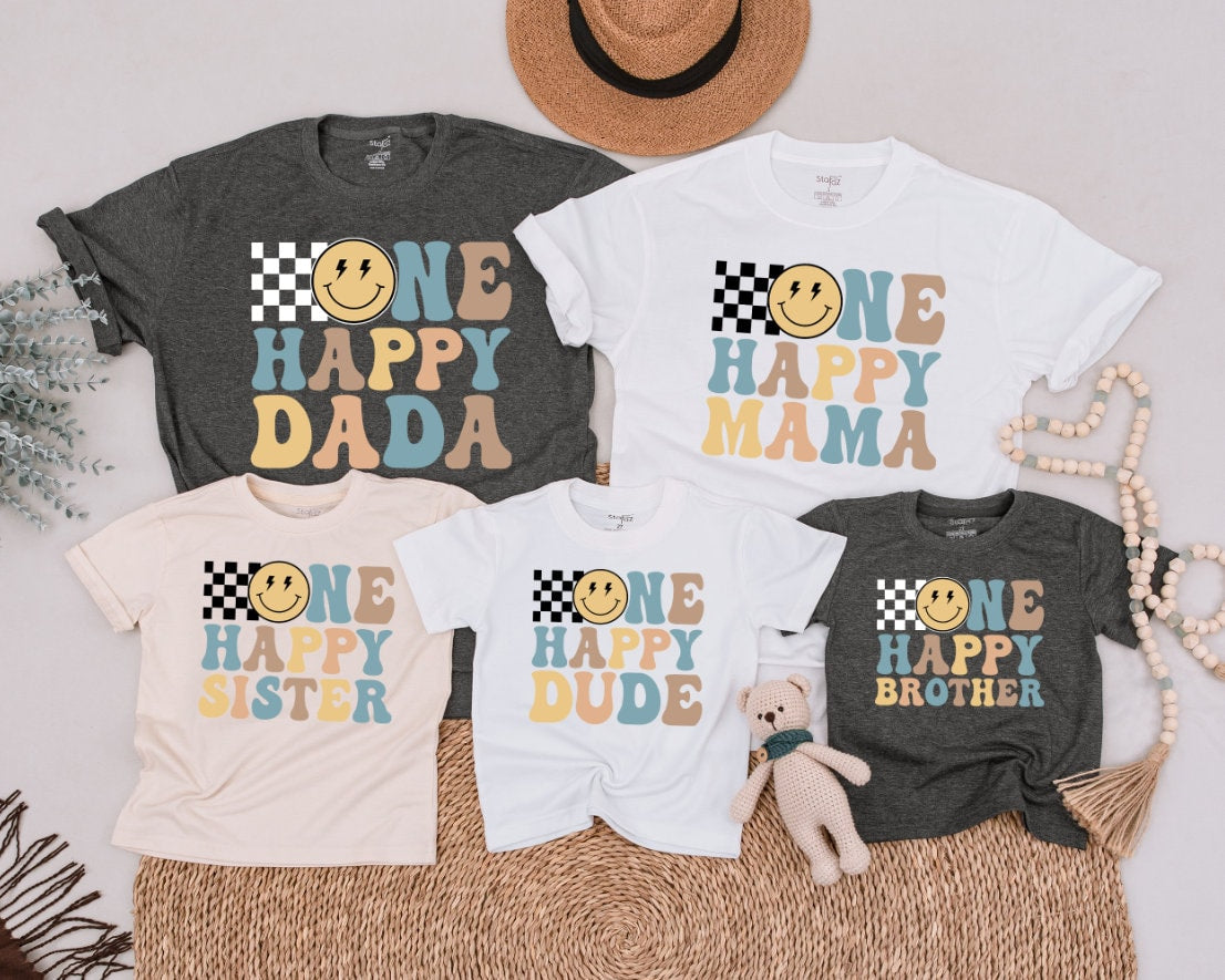 One Happy Dude Birthday Shirt Retro Checkerboard Smiley Face Family Matching 70s Style Outfit for Boys First Birthday Celebration