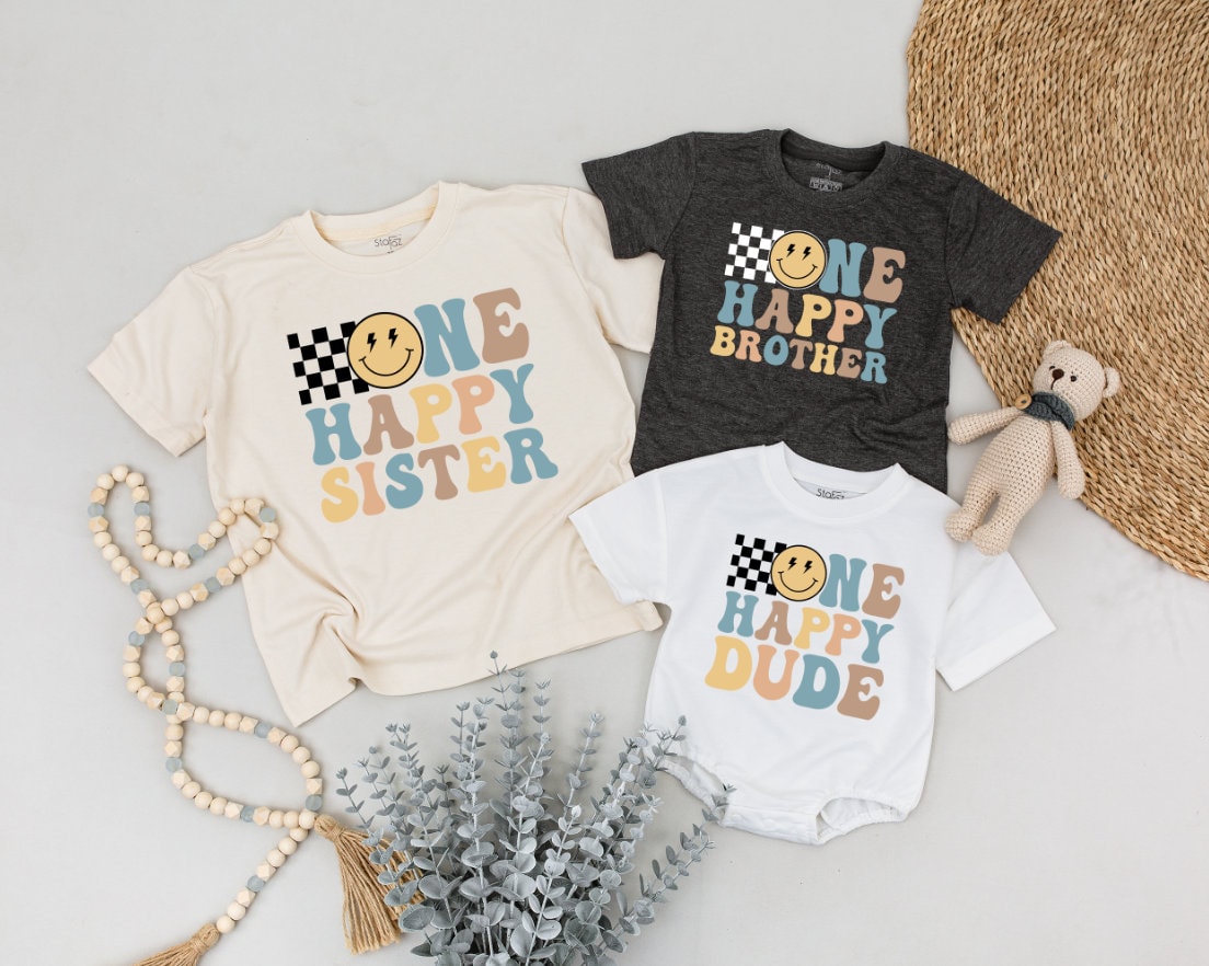 One Happy Dude Birthday Shirt Retro Checkerboard Smiley Face Family Matching 70s Style Outfit for Boys First Birthday Celebration
