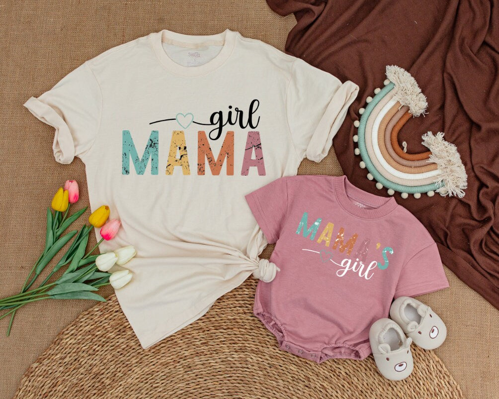 Retro Mama and Mama's Girl Matching Shirts Vintage Teal Yellow Orange Pink Distressed Design Mother Daughter Outfits Comfortable Baby Romper Cute Mom Gift