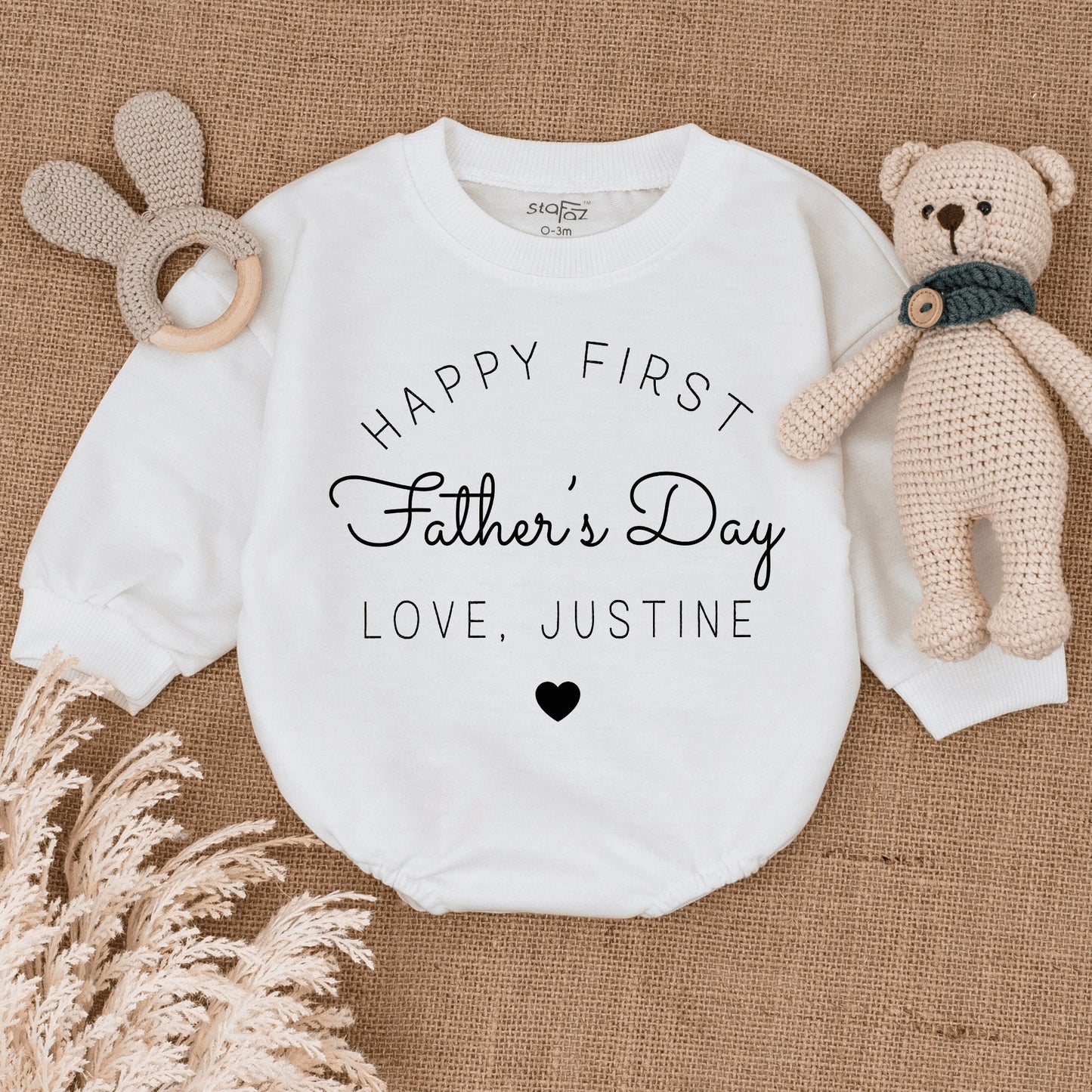 Happy First Father's Day Baby Bodysuit, Personalized with Name Love, Minimalist Infant Romper, Cute New Dad Gift, Soft Cotton Clothes (135 chars)