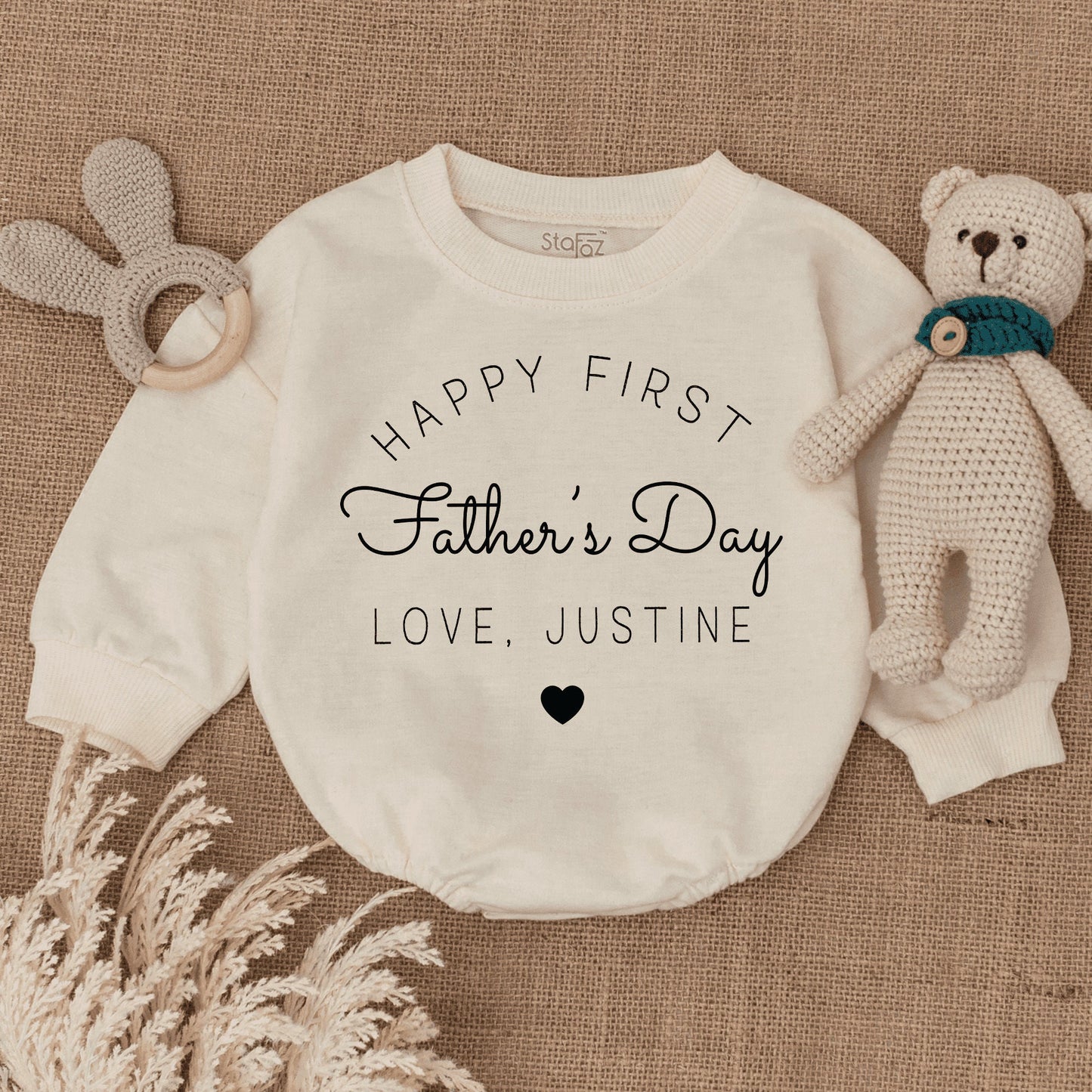 Happy First Father's Day Baby Bodysuit, Personalized with Name Love, Minimalist Infant Romper, Cute New Dad Gift, Soft Cotton Clothes (135 chars)
