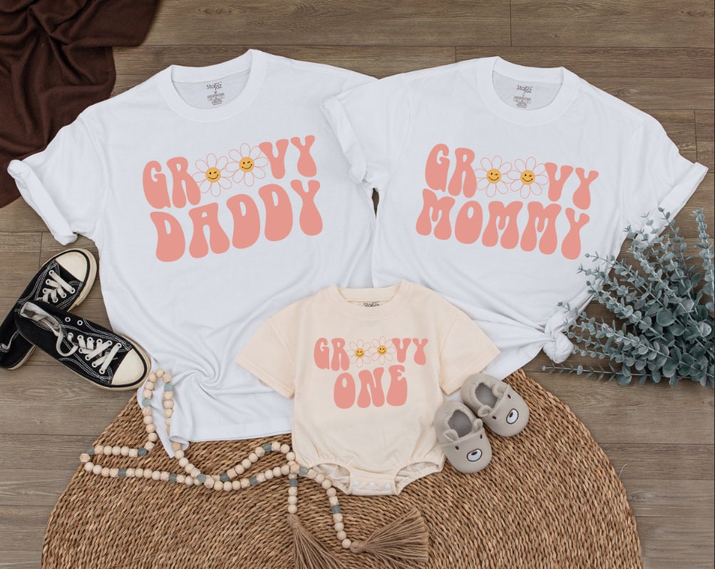 Groovy One Family Birthday Shirts Retro Pink Daisy Design Mommy and Me 1st 2nd Birthday Tees