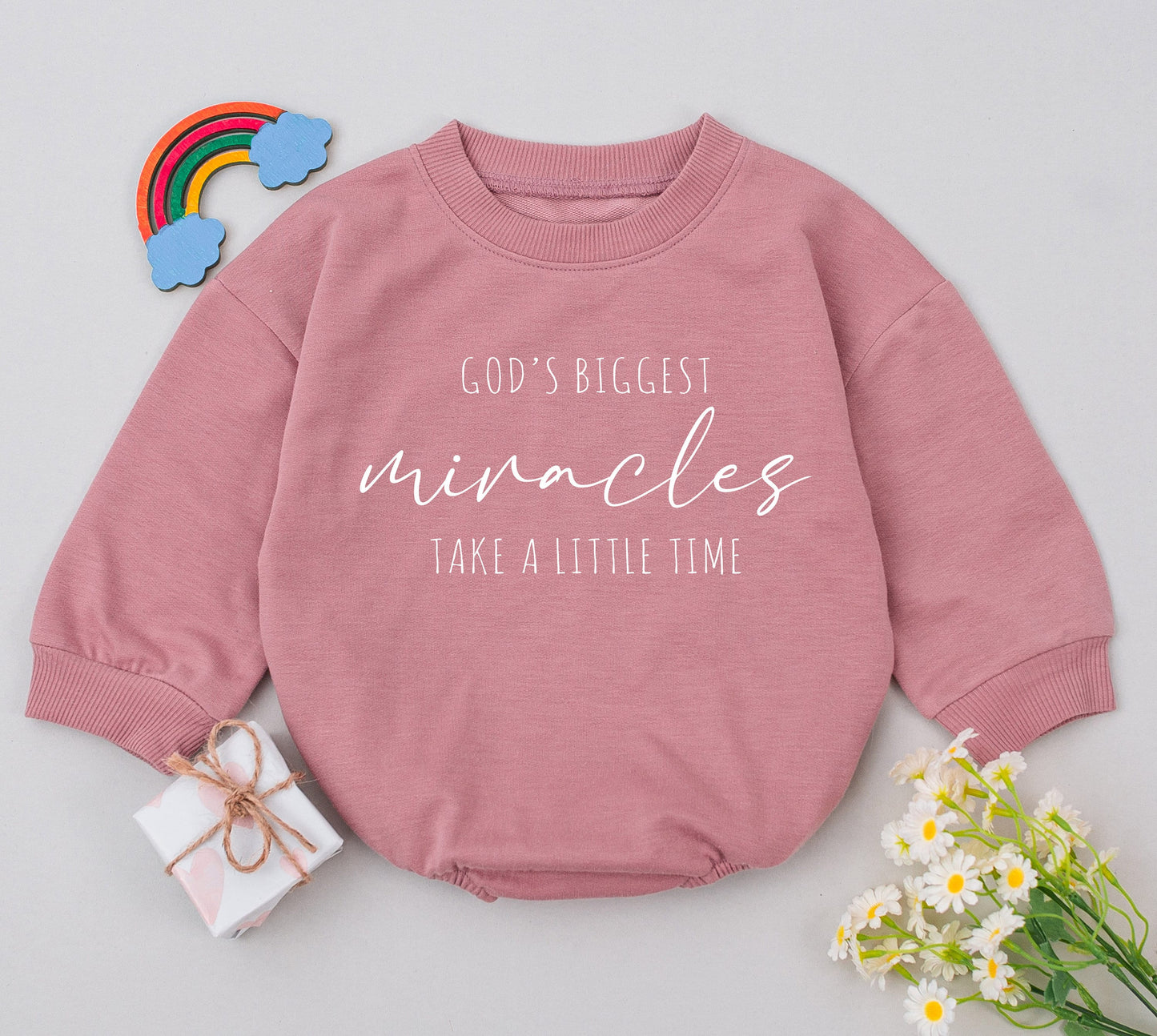 God's Biggest Miracles Take A Little Time Romper IVF Baby Outfit New Baby Shower Gift Pregnancy Announcement Worth The Wait Coming Home Outfit