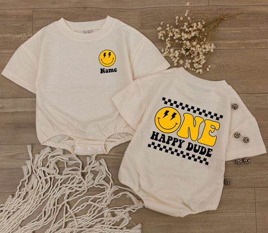 Custom One Happy Dude Birthday Romper: Retro Smiley Face Baby Outfit with Lightning Eyes, Personalized Bodysuit, Black & Yellow Checkered 1st B-Day Gift