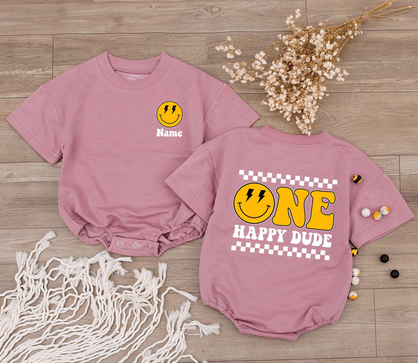 Custom One Happy Dude Birthday Romper: Retro Smiley Face Baby Outfit with Lightning Eyes, Personalized Bodysuit, Black & Yellow Checkered 1st B-Day Gift