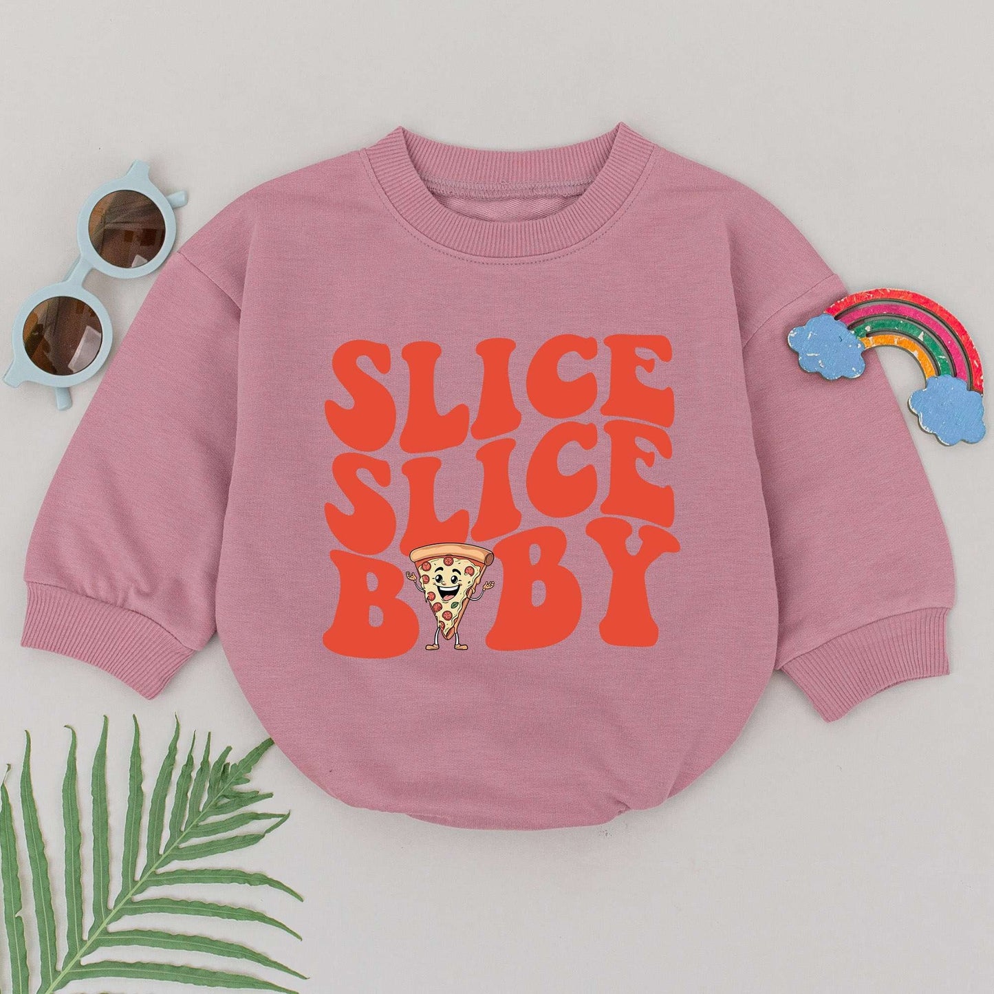 Slice Slice Baby Romper Cute Cartoon Pizza Slice Retro Font Foodie Gift for Baby Boys Girls Newborn