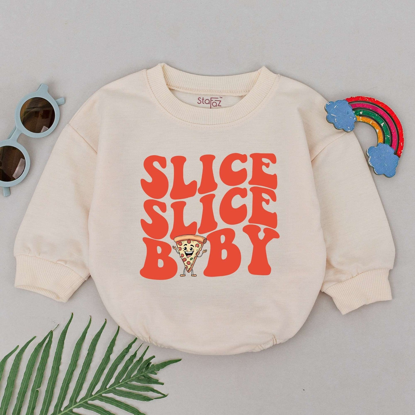 Slice Slice Baby Romper Cute Cartoon Pizza Slice Retro Font Foodie Gift for Baby Boys Girls Newborn