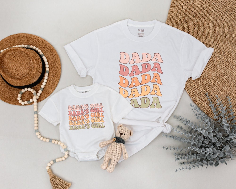 Retro Dada & Dada's Girl Matching Shirts, Bubble Font Father's Day Outfit, Vintage Style Dad & Baby Set, Playful First Daddy's Girl Gift