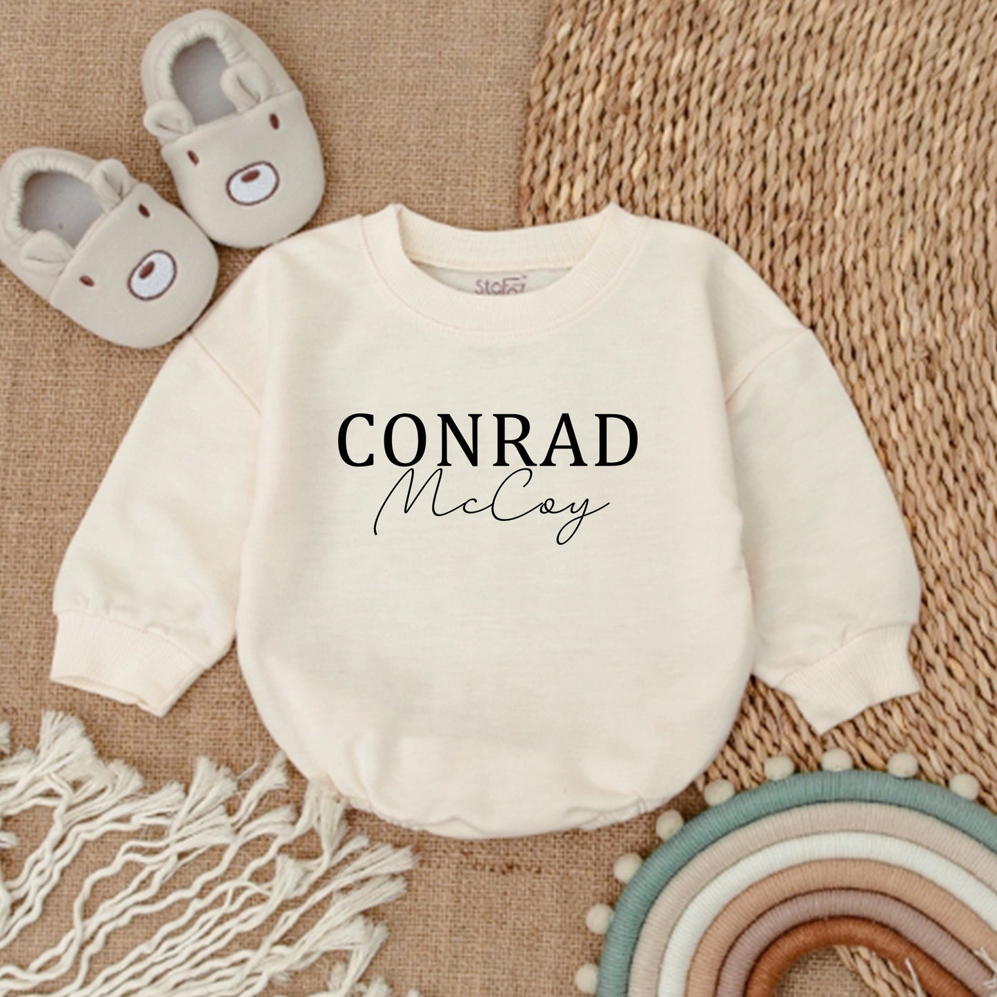 Oversized Custom Name Baby Romper Bubble Romper Modern Blue Baby Sweatshirt with Bold & Cursive Text Personalized Gift for Infants