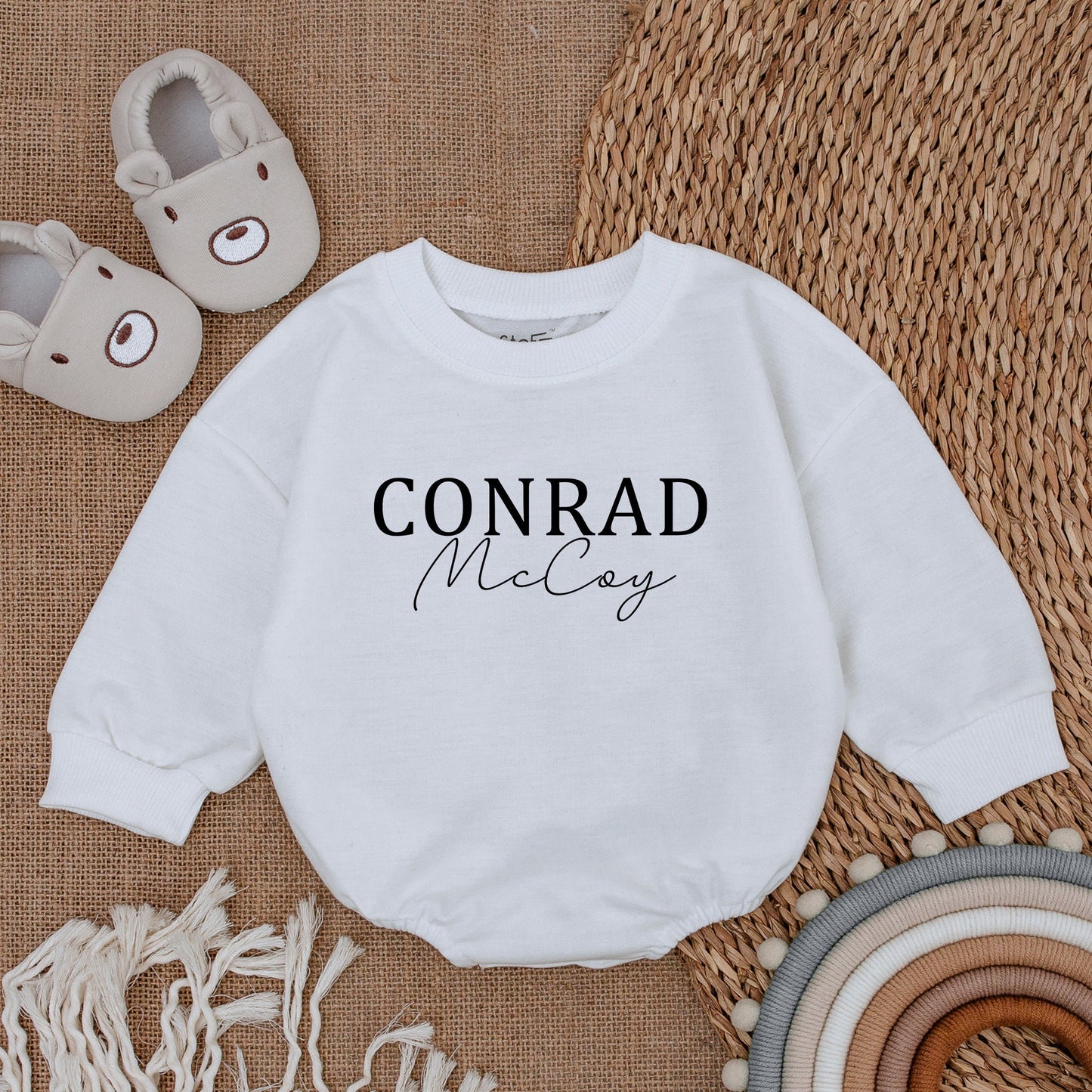 Oversized Custom Name Baby Romper Bubble Romper Modern Blue Baby Sweatshirt with Bold & Cursive Text Personalized Gift for Infants