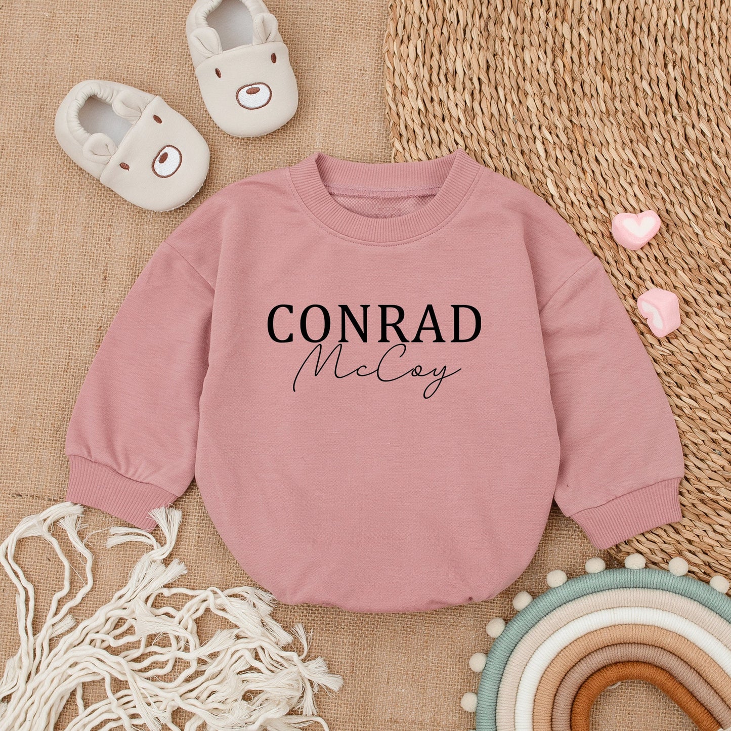 Oversized Custom Name Baby Romper Bubble Romper Modern Blue Baby Sweatshirt with Bold & Cursive Text Personalized Gift for Infants