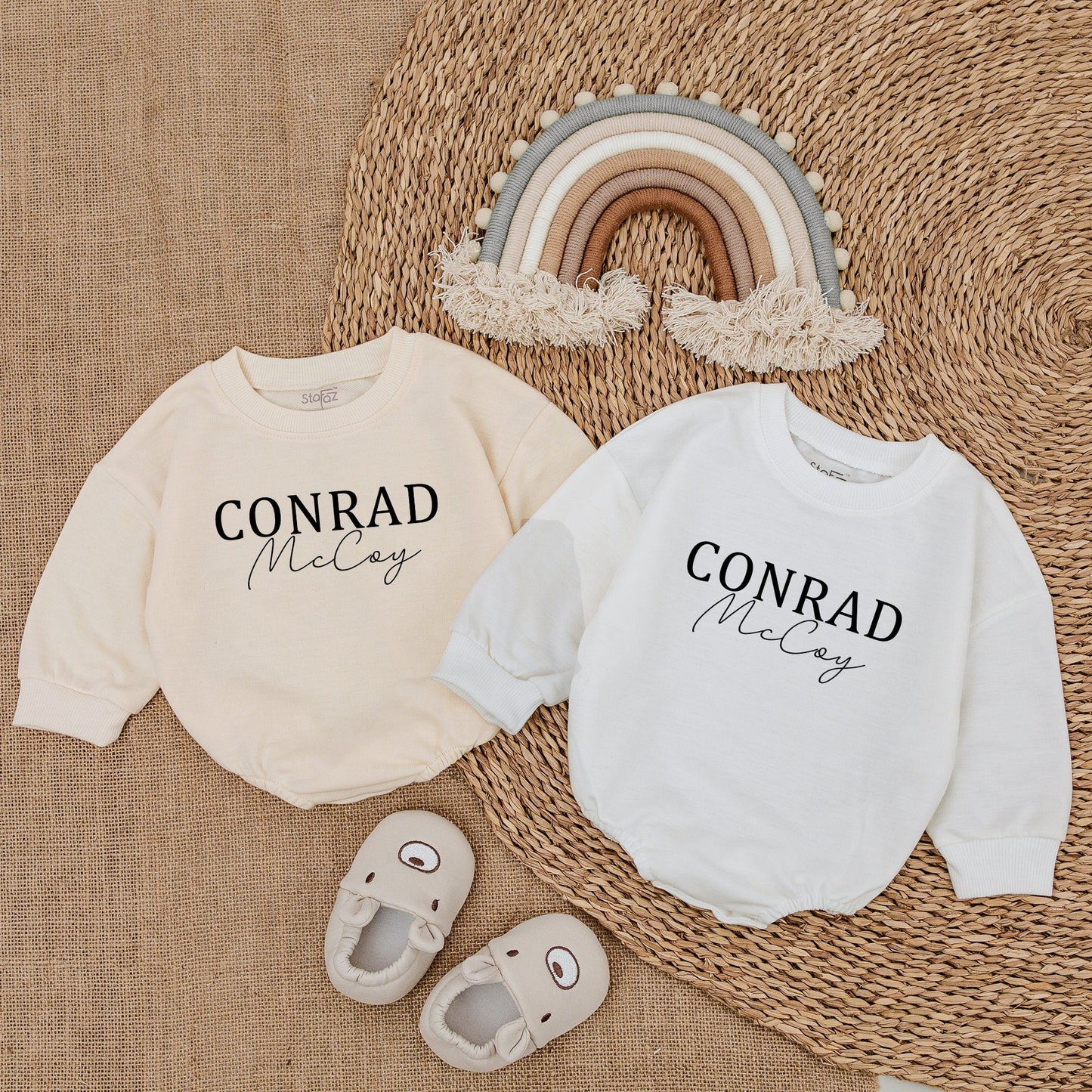 Oversized Custom Name Baby Romper Bubble Romper Modern Blue Baby Sweatshirt with Bold & Cursive Text Personalized Gift for Infants