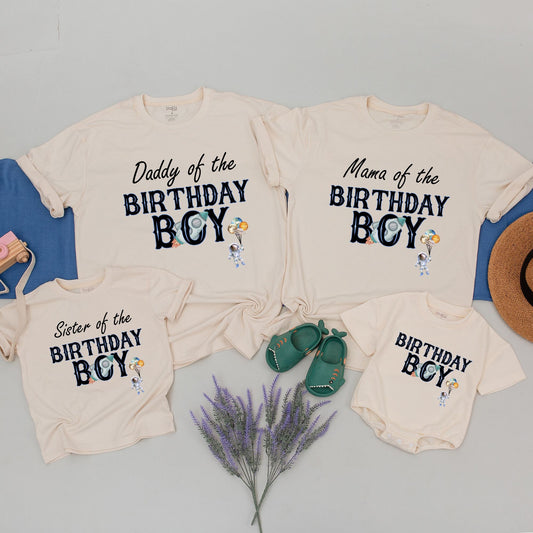 Matching Family Astronaut Birthday Shirts for Daddy Mama Brother of the Birthday Boy featuring Rocket Ship & Planet Balloons Design