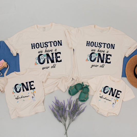 Houston We Have a One Year Old Space Birthday Shirt Matching Family Outfit Astronaut Planet Star Rocket Celebration Gift