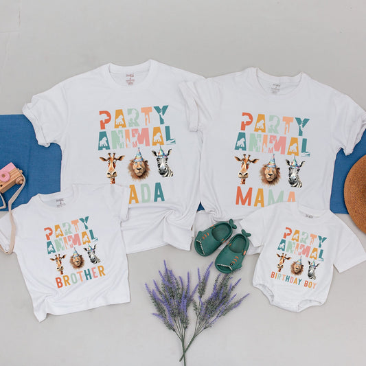 Party Animal Safari Birthday Shirt Matching Family Zoo Celebration Tees with Colorful Animal Silhouettes and Birthday Hats Cotton Comfortable