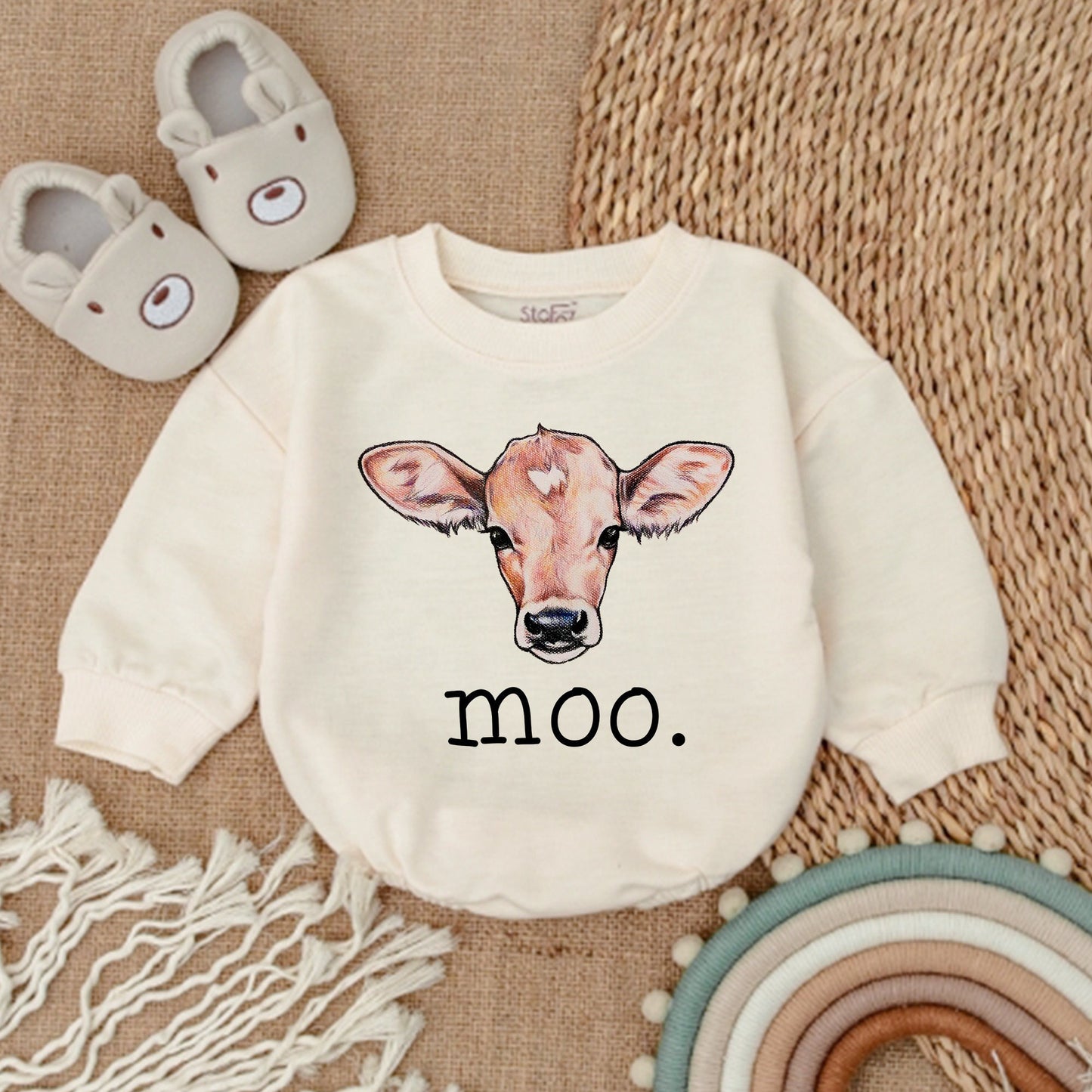 Moo Cow Baby Romper, Cute Farm Outfit with Hand-Drawn Cow Design Newborn Gift Soft Cotton Bodysuit, Playful Baby Clothes Sweatshirt Romper 138