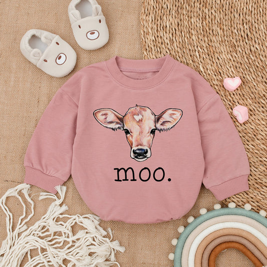 Moo Cow Baby Romper, Cute Farm Outfit with Hand-Drawn Cow Design Newborn Gift Soft Cotton Bodysuit, Playful Baby Clothes Sweatshirt Romper 138