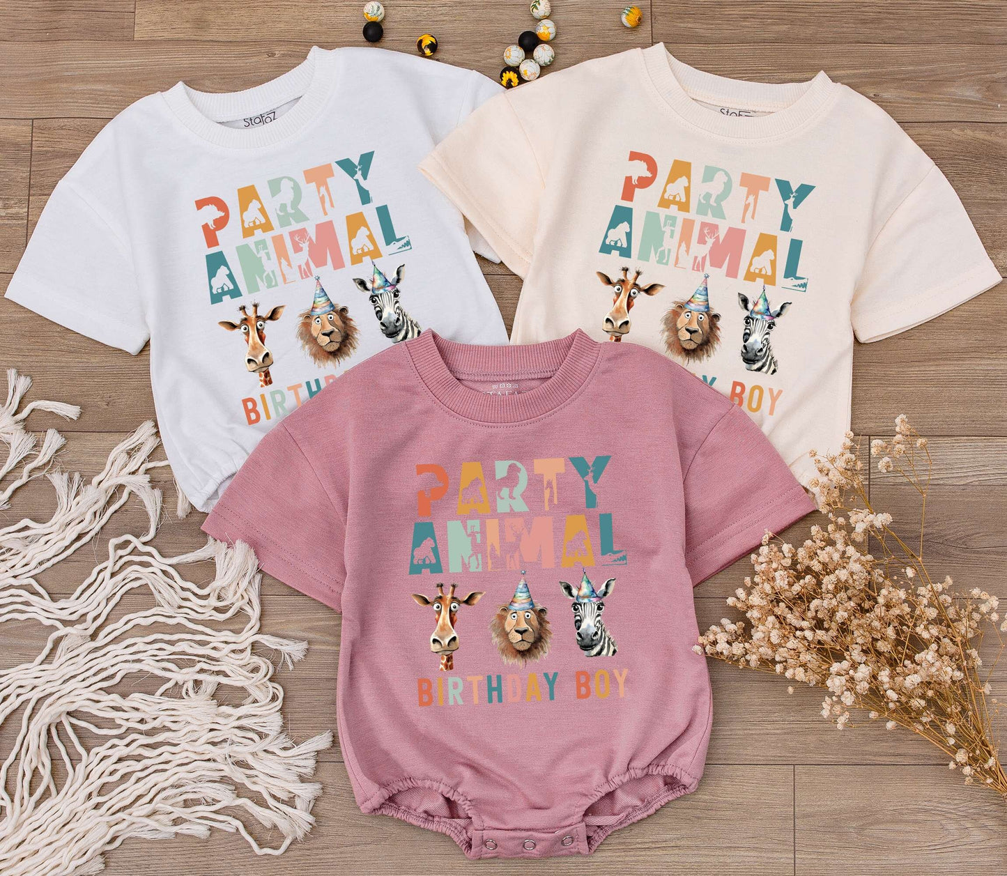 Party Animal Birthday Boy Romper Wild One Safari First Birthday Outfit Playful Multicolored Jungle Animals Giraffe Lion Zebra