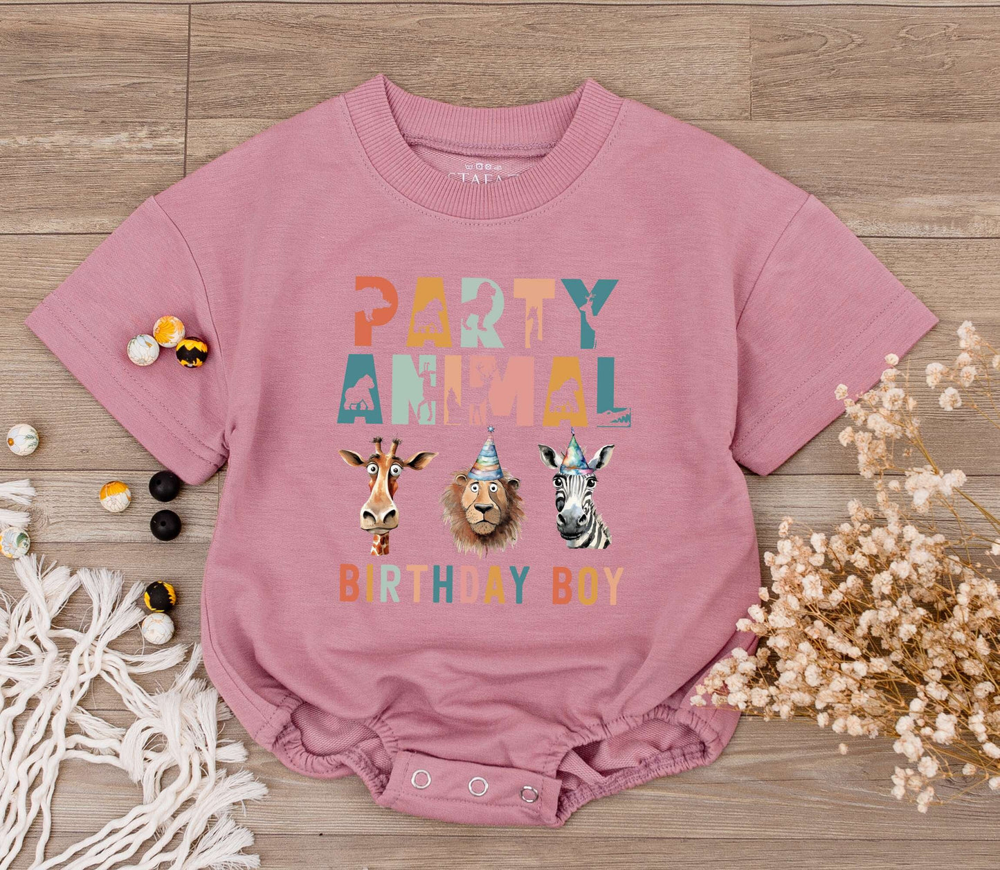 Party Animal Birthday Boy Romper Wild One Safari First Birthday Outfit Playful Multicolored Jungle Animals Giraffe Lion Zebra