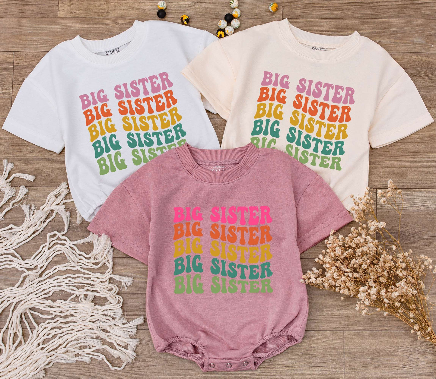 Groovy Big Sister Romper Outfit, Retro 70s Font, Pink Orange Yellow Green, Toddler Tee, Cute Baby Girl Clothes, Sibling Reveal, Bubble Bodysuit