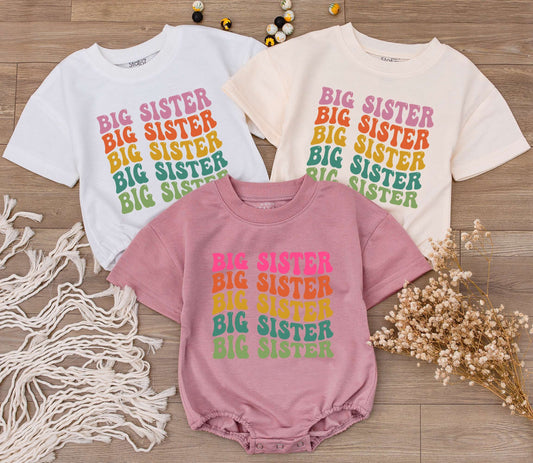 Groovy Big Sister Romper Outfit, Retro 70s Font, Pink Orange Yellow Green, Toddler Tee, Cute Baby Girl Clothes, Sibling Reveal, Bubble Bodysuit