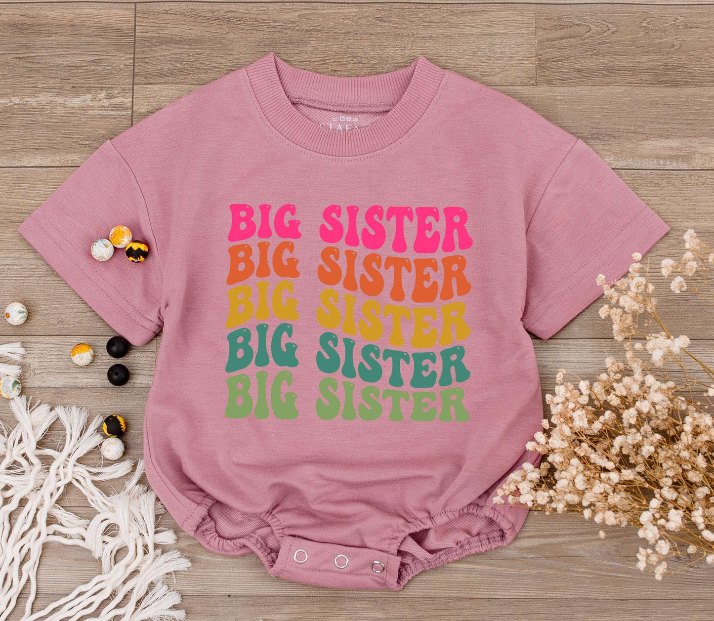 Groovy Big Sister Romper Outfit, Retro 70s Font, Pink Orange Yellow Green, Toddler Tee, Cute Baby Girl Clothes, Sibling Reveal, Bubble Bodysuit