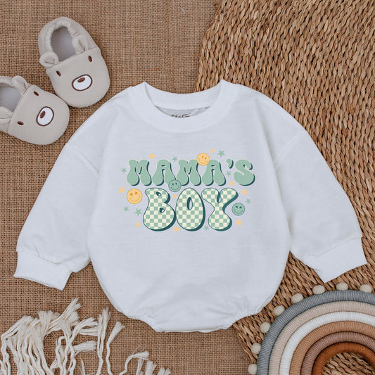Mama's Boy Romper Retro Playful Design Pale Green White Checkerboard Smiling Faces Stars Baby Boy Outfit Gift for Baby Boy