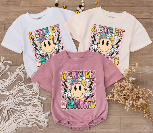 Groovy Little Bit Dramatic Baby Romper Outfit Smiley Face Bodysuit Funny Saying Toddler Tee Retro Clothes Gift for Kid First Birthday Neutral Outfit 138