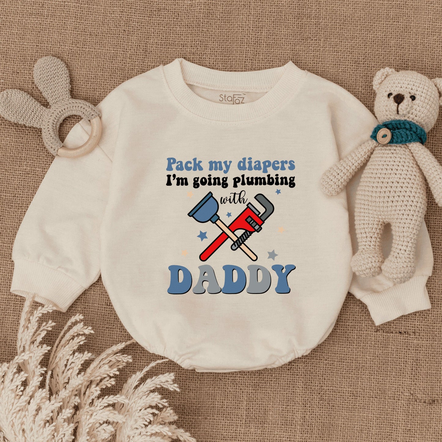 Pack My Diapers Plumbing with Daddy Romper: Funny Father's Day Gift, Newborn Outfit, Plumber Baby Clothes, Blue & Red Wrench Stars, Cute Bodysuit 138