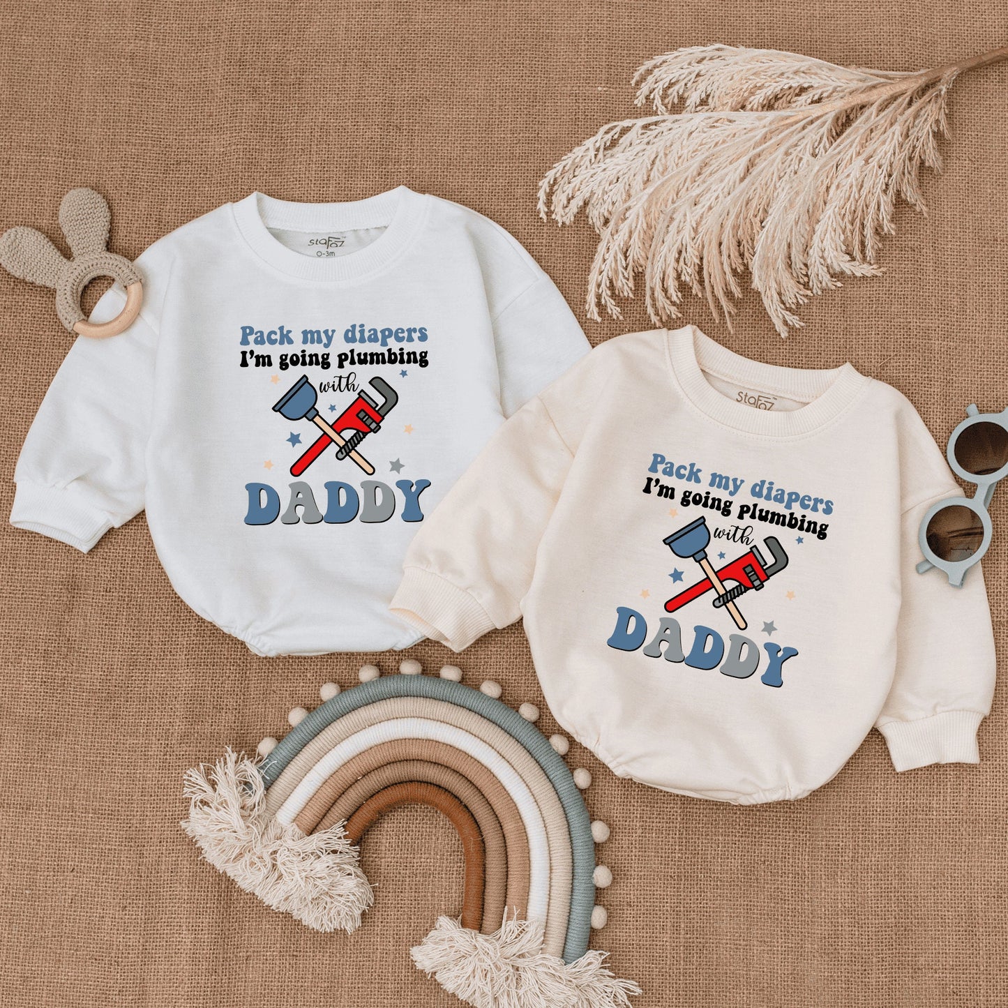 Pack My Diapers Plumbing with Daddy Romper: Funny Father's Day Gift, Newborn Outfit, Plumber Baby Clothes, Blue & Red Wrench Stars, Cute Bodysuit 138