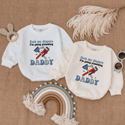 Pack My Diapers Plumbing with Daddy Romper: Funny Father's Day Gift, Newborn Outfit, Plumber Baby Clothes, Blue & Red Wrench Stars, Cute Bodysuit 138