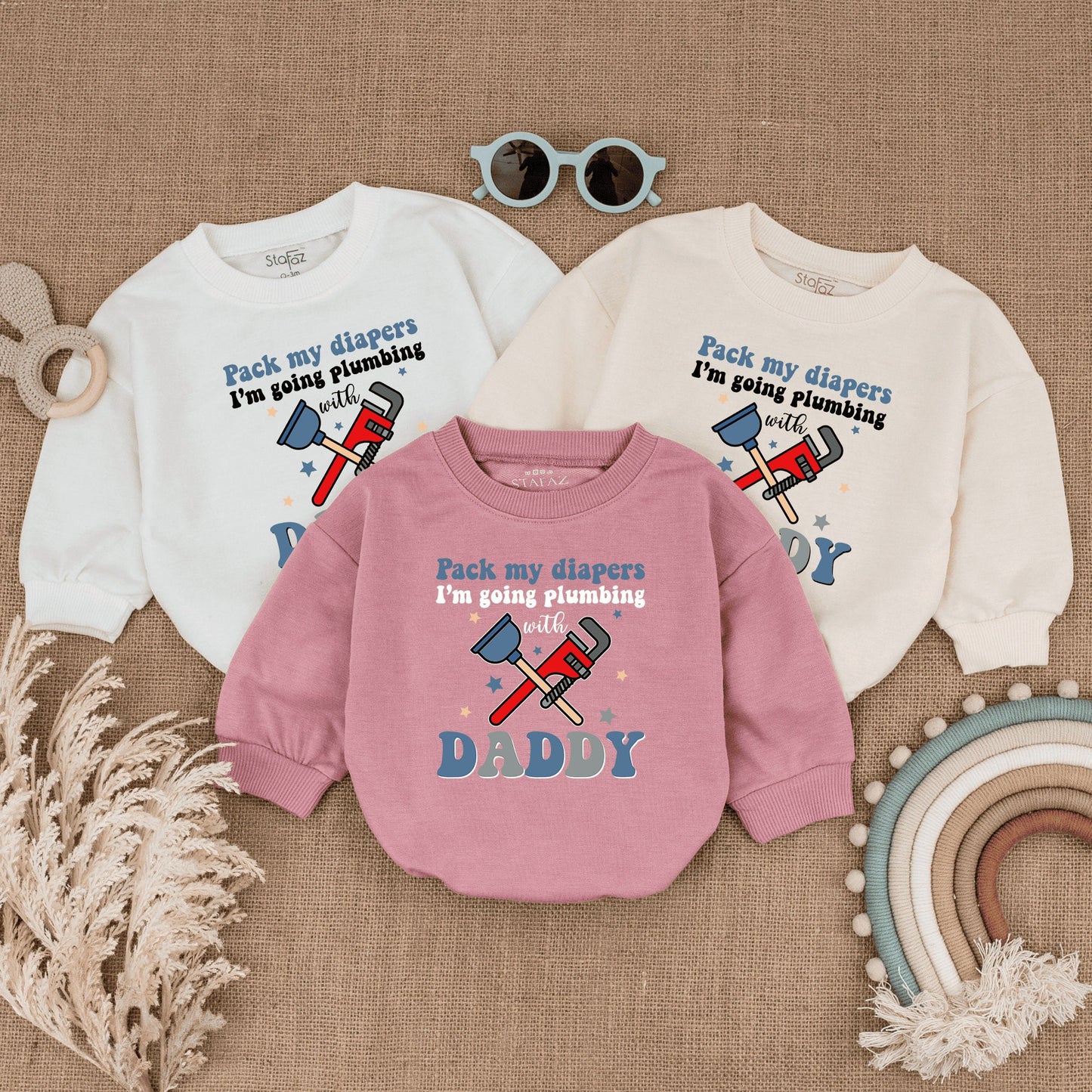 Pack My Diapers Plumbing with Daddy Romper: Funny Father's Day Gift, Newborn Outfit, Plumber Baby Clothes, Blue & Red Wrench Stars, Cute Bodysuit 138