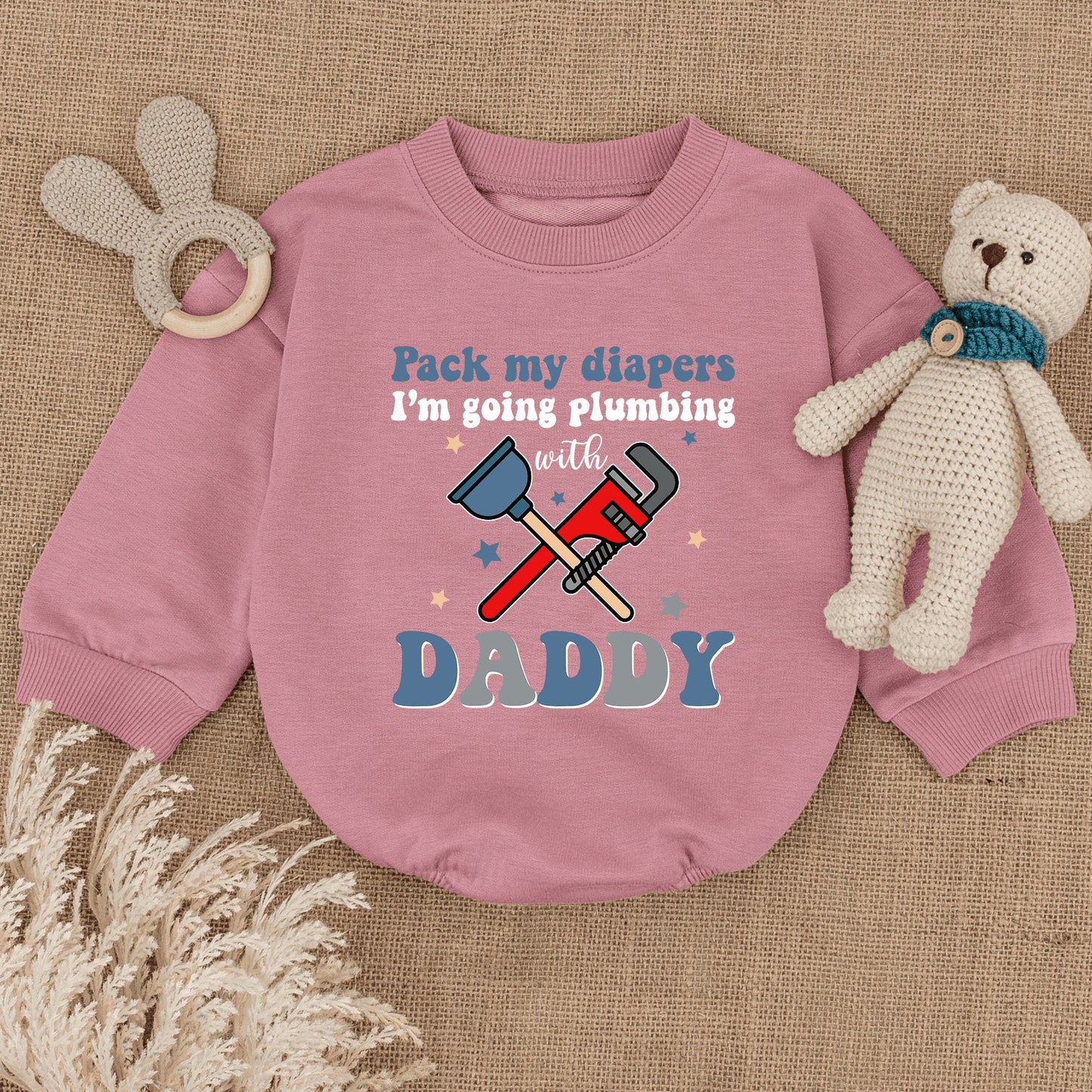 Pack My Diapers Plumbing with Daddy Romper: Funny Father's Day Gift, Newborn Outfit, Plumber Baby Clothes, Blue & Red Wrench Stars, Cute Bodysuit 138