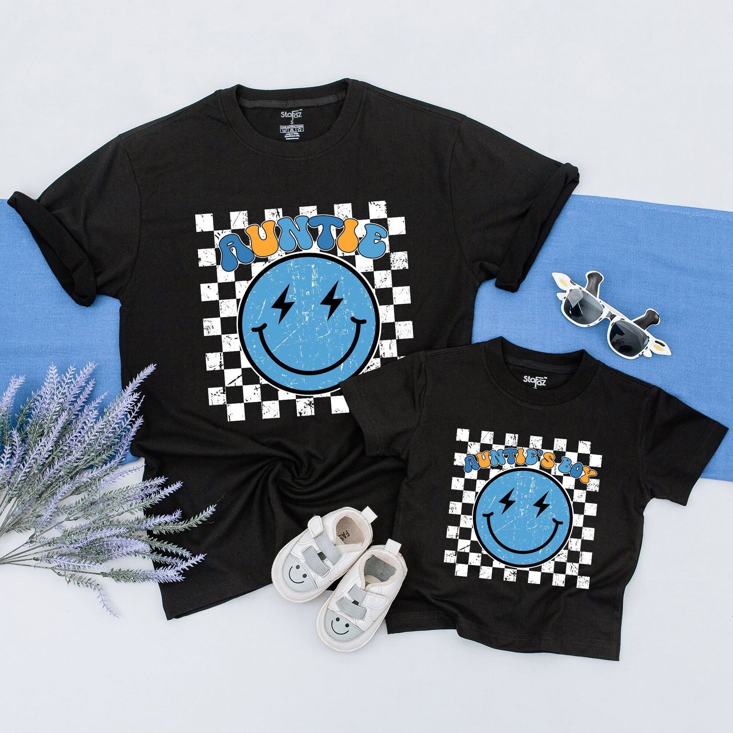 Personalized Auntie & Auntie's Boy Matching Family Shirt Retro Blue Smiley Lightning Bolt 70s Graphic Outfit Gift for Aunt