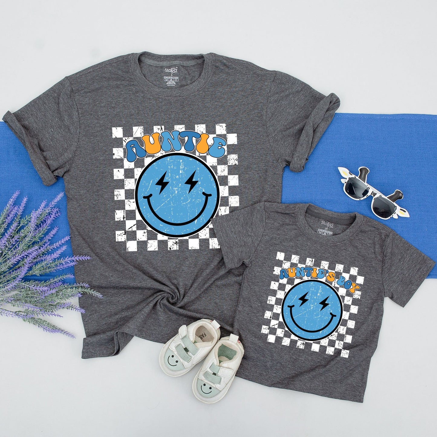 Personalized Auntie & Auntie's Boy Matching Family Shirt Retro Blue Smiley Lightning Bolt 70s Graphic Outfit Gift for Aunt