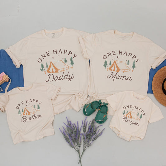 One Happy Camper 1st Birthday Shirt Family Matching Camping Tee Tent Trees Design Soft Cotton Celebration Outfits