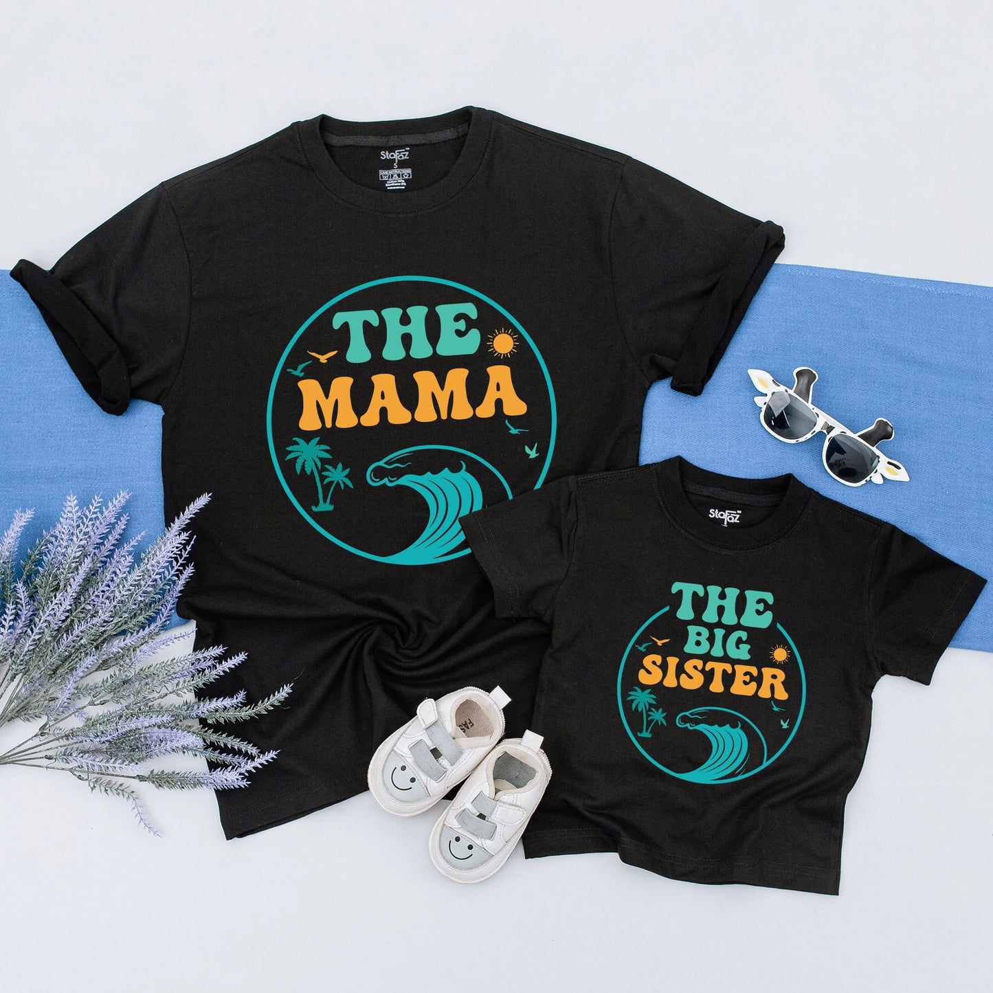 Custom The Big One First Birthday Matching Family Surfer Beach Tee for Mom Dad Boy with Ocean Wave Palm Tree Retro Turquoise Orange Design