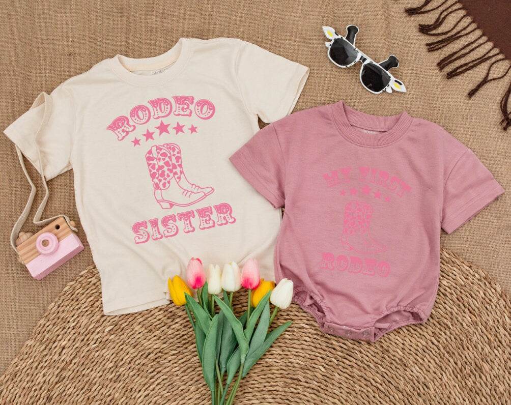 Pink Retro Western Rodeo Mama and Sister First Birthday Family Matching Shirts